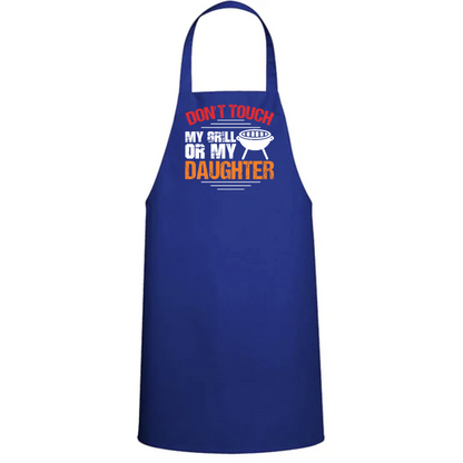 a blue apron that says don't touch my belly or say i'm