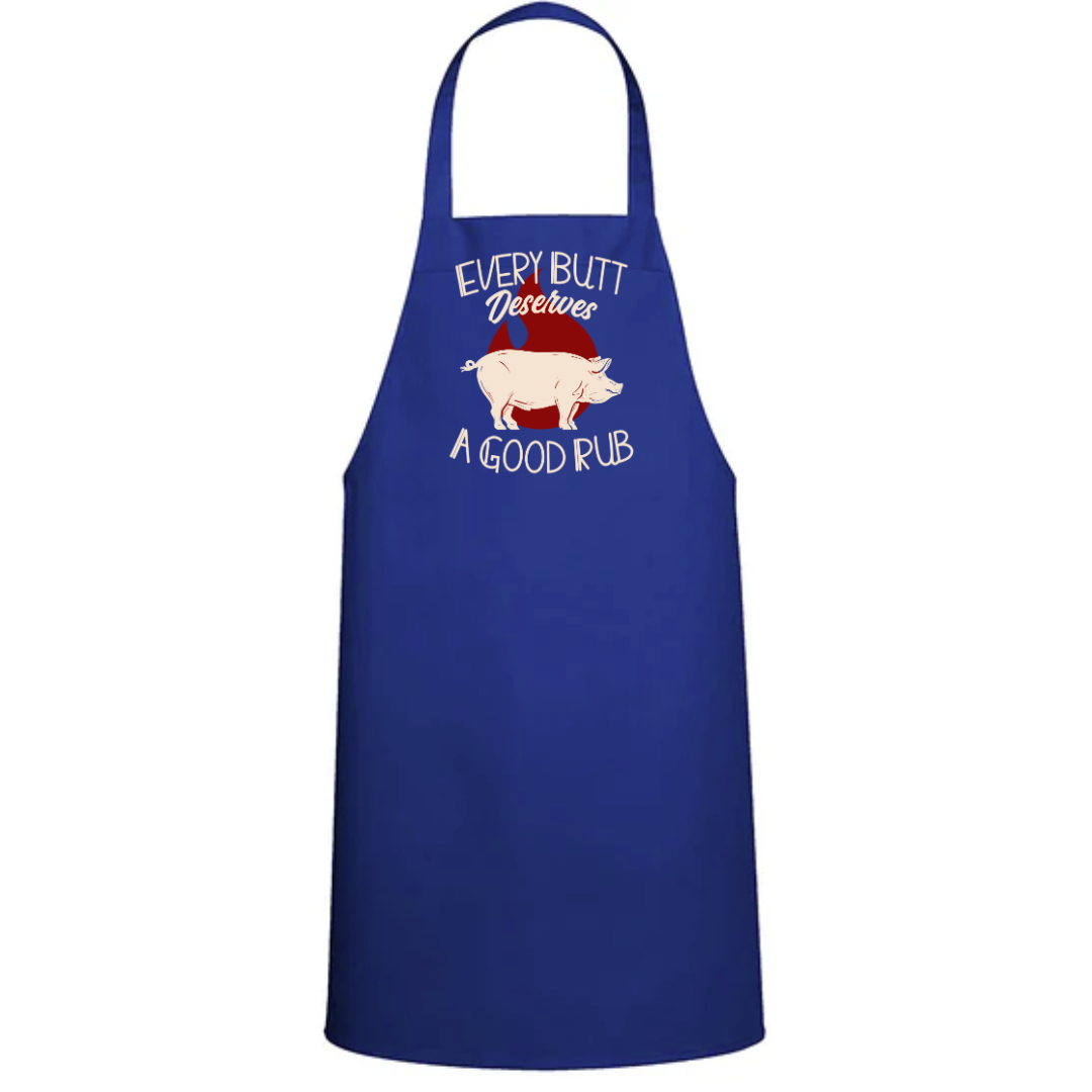 a blue apron with an image of a pig wearing a santa hat