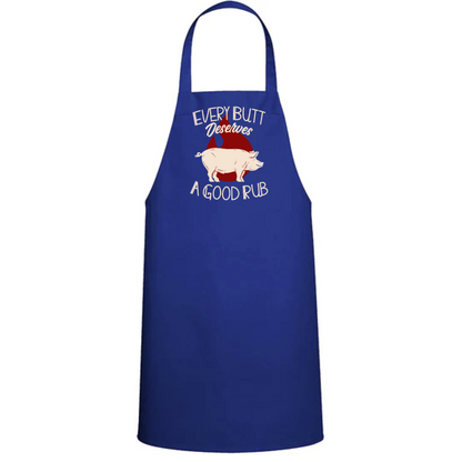 a blue apron with an image of a pig wearing a santa hat