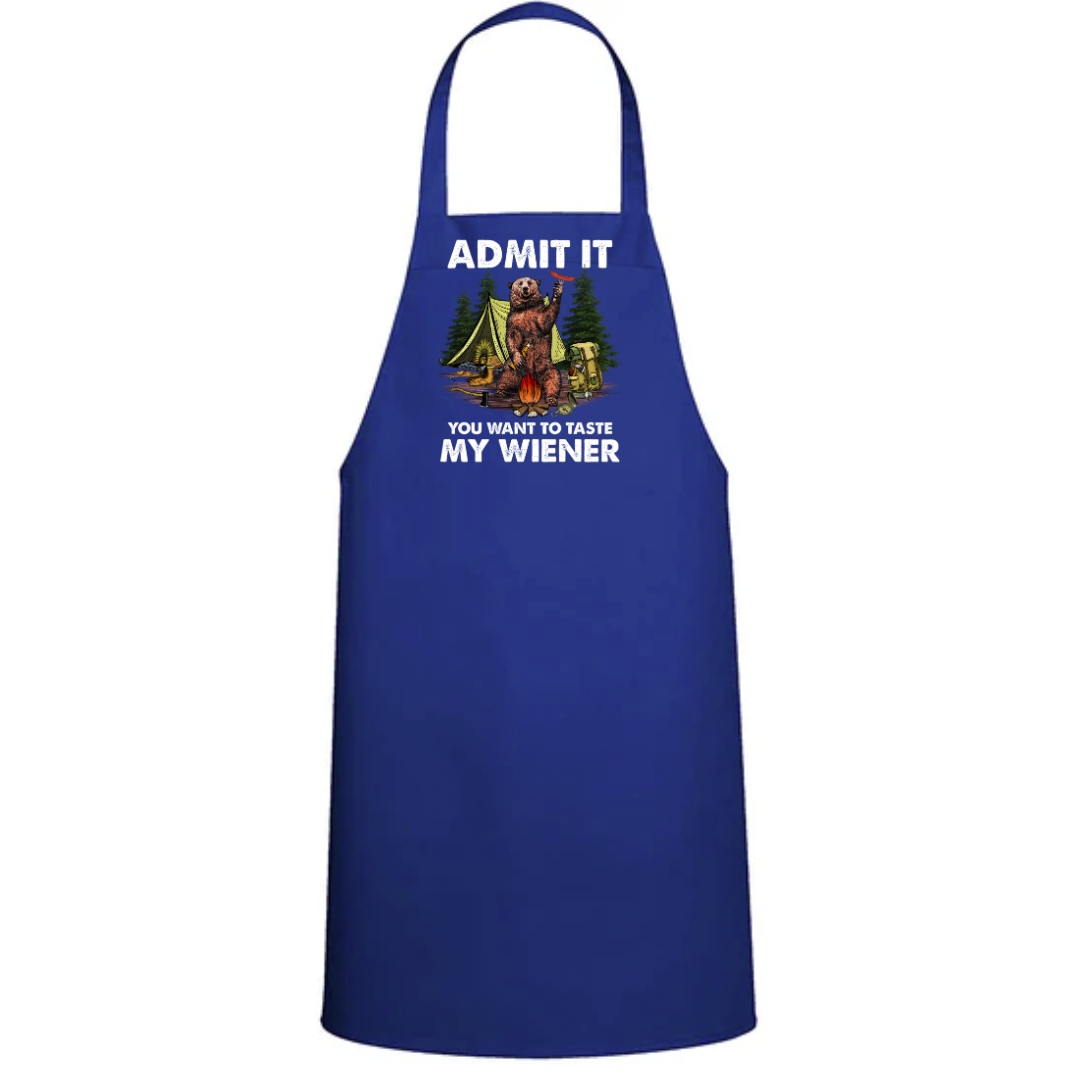 a blue apron that says, admit it you want to water my wiener