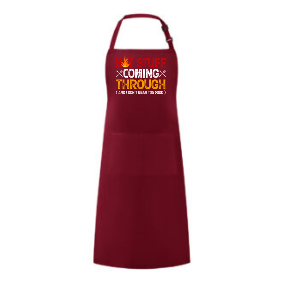 a red apron with the words coming through on it