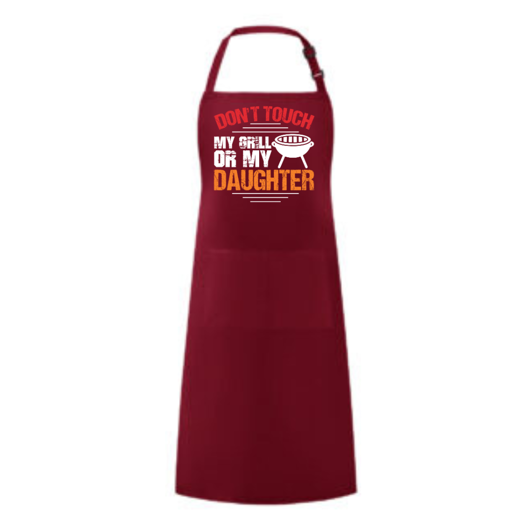 a red apron with words on it