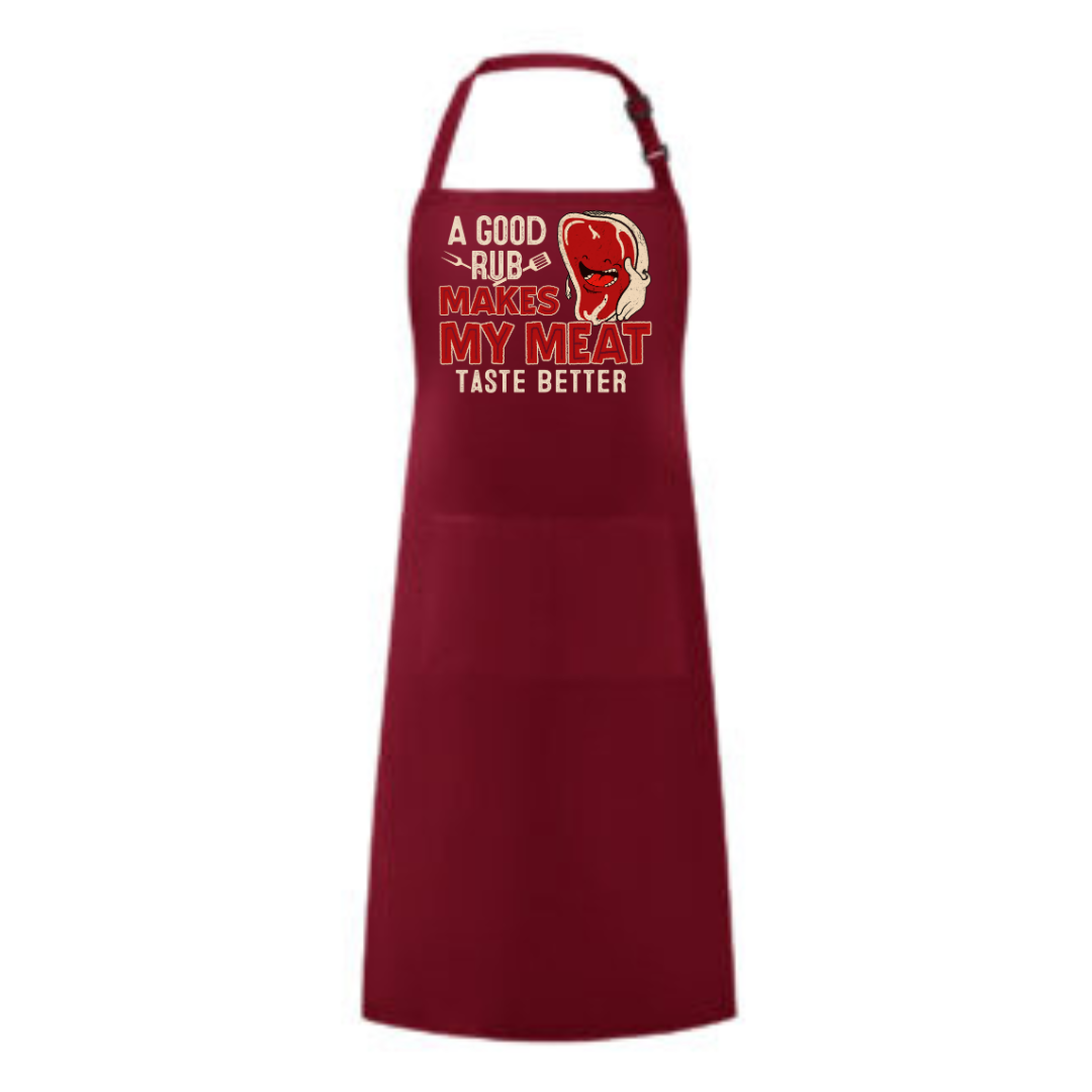 a red apron that says a good day makes my meat taste better