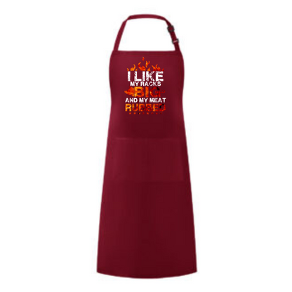 a red apron that says, i like being a chef and by meat