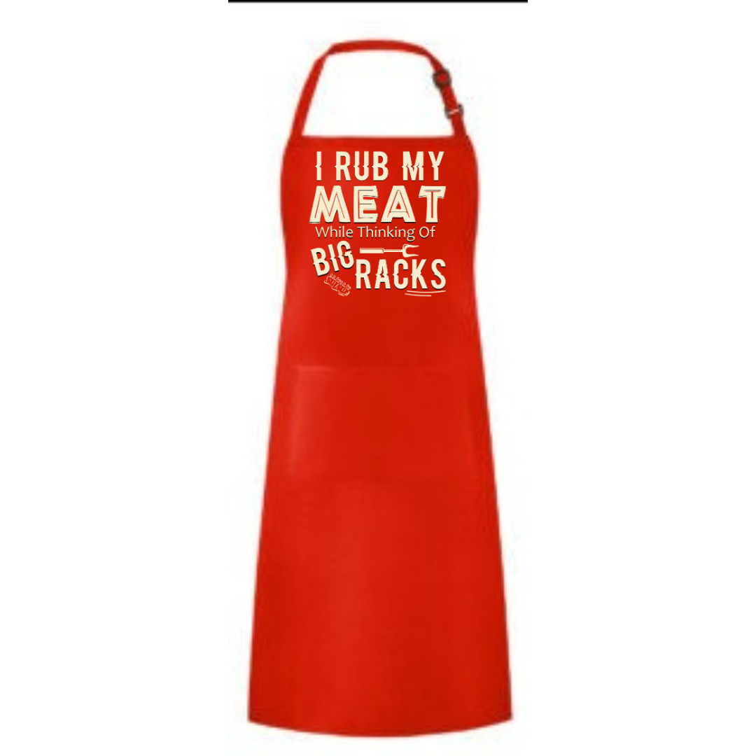 a red apron that says i rub my meat with the words