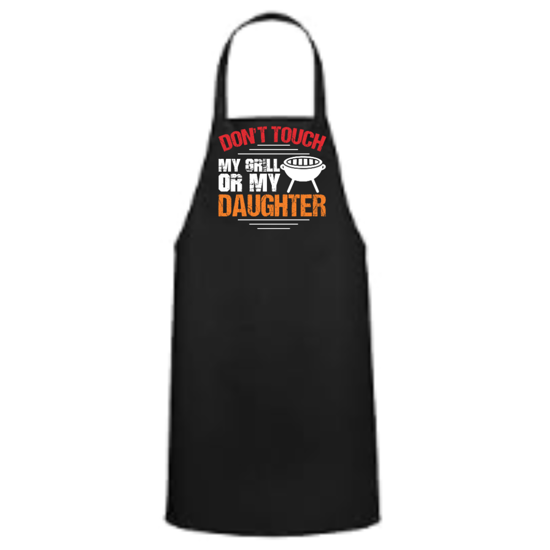 a black apron with the words don't touch my belly on my daughter