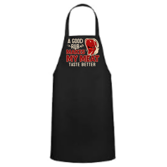 a black apron that says a good rub makes my meat taste better