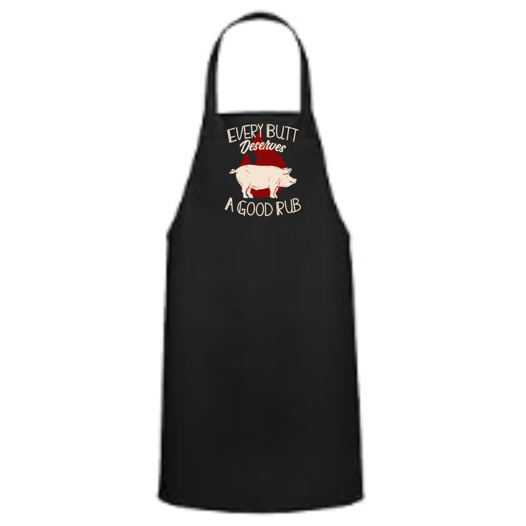 a black apron with an image of a pig on it