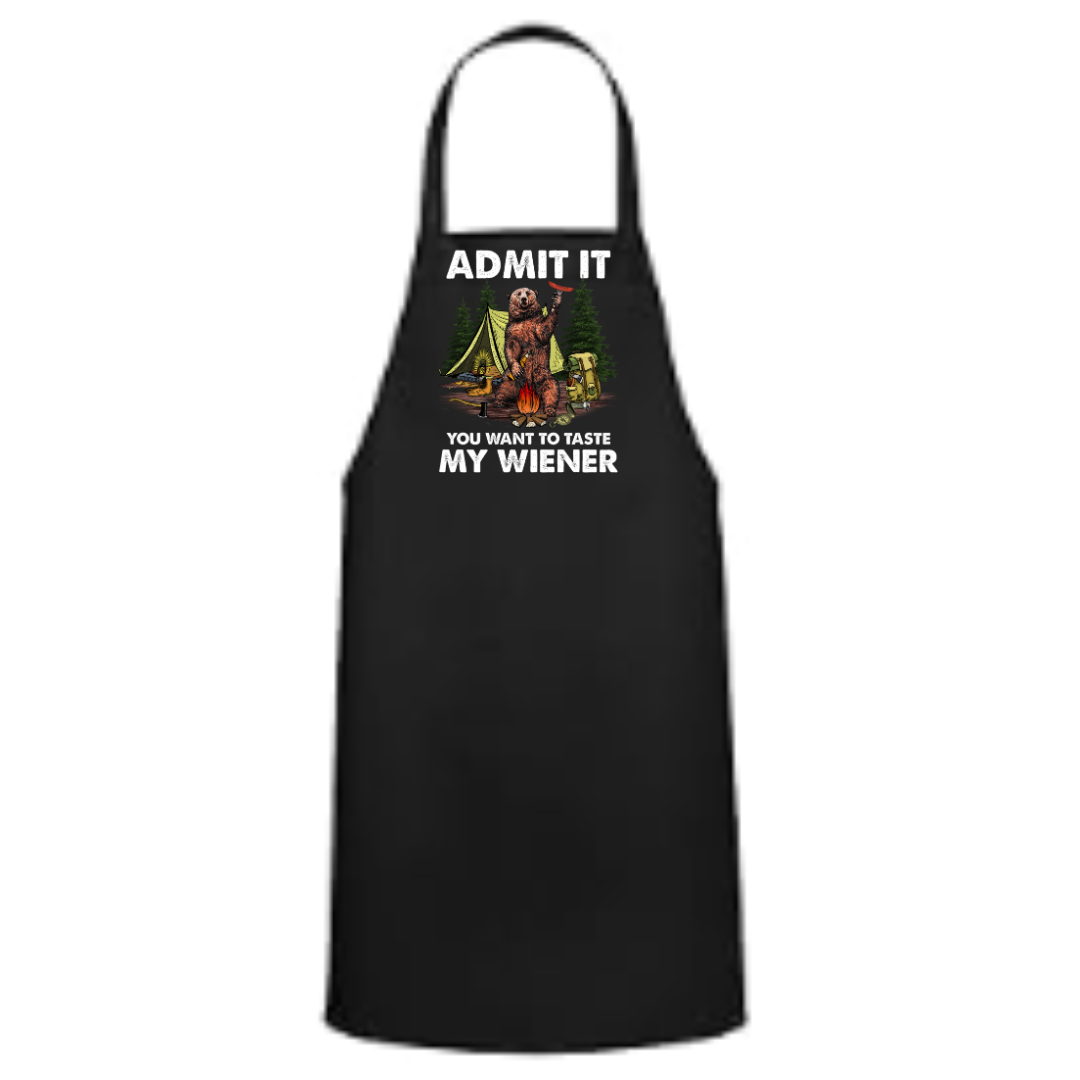 a black apron that says, admit it you want to meet my wiener