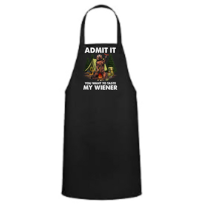 a black apron that says, admit it you want to meet my wiener